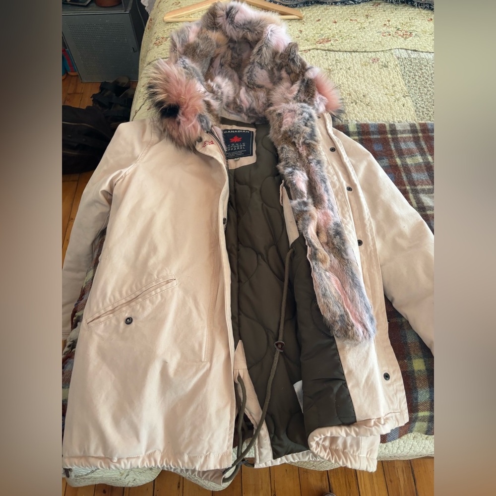 Canadian Pink and Olive Down Jacket with Rabbit Fur Trim